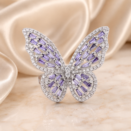 Butterfly silver ring w purple