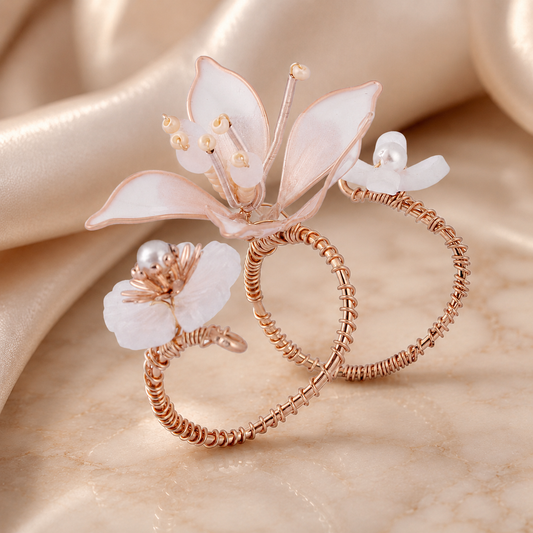 Tasselfrost statement ring with white floral and pearl design, handcrafted Opulent Echoes