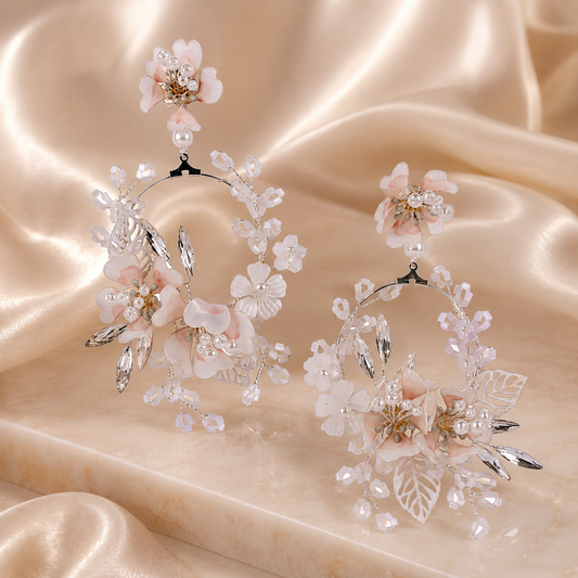Pristine white floral statement earrings with crystal accents, bridal jewellery by Opulent Echoes