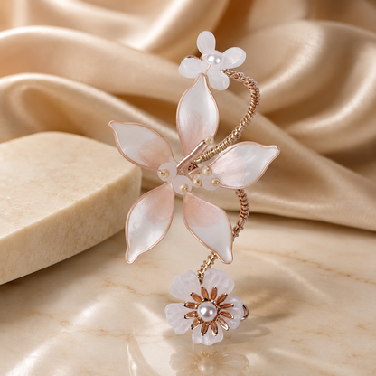 Tasselfrost ring alternate view with floral and pearl detail, Opulent Echoes handcrafted