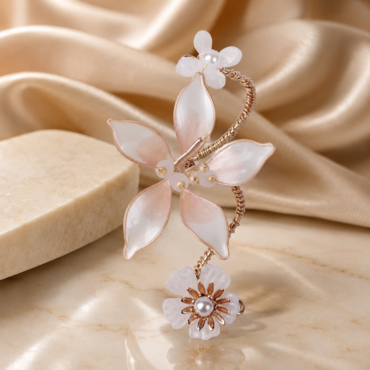 Tasselfrost ring alternate view with floral and pearl detail, Opulent Echoes handcrafted
