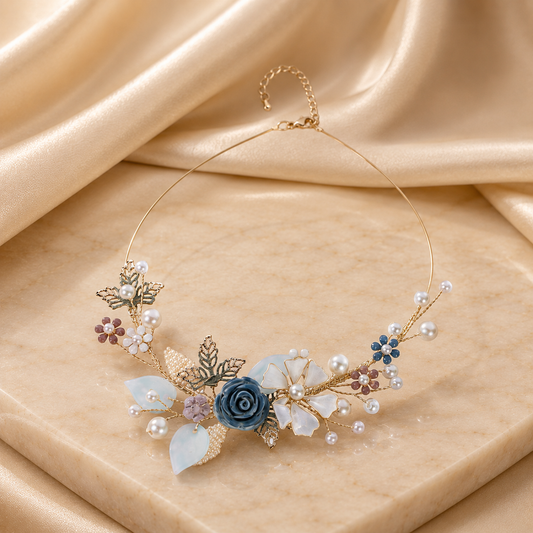 Marinelle floral choker necklace with blue rose and pearls, Opulent Echoes wedding jewellery