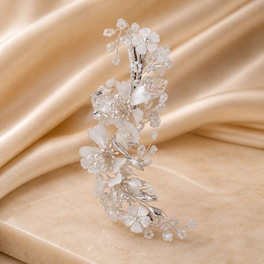 Dewlily cascading white floral headpiece, Opulent Echoes handcrafted bridal jewellery
